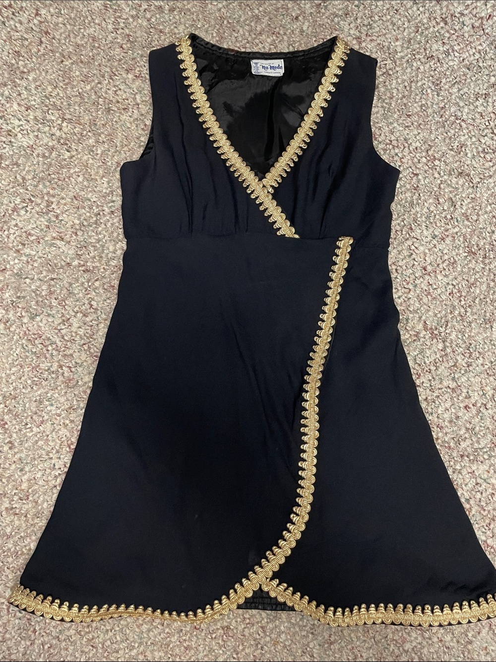 Vintage 70s gold brocade trimmed black sleeveless wrap dress - amazing